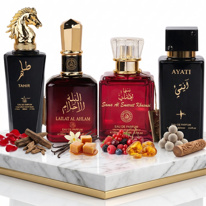Комплект от 4 арабски парфюма (2х Мъжки + 2х Дамски) 100ML - Tahir + Lailat Al Ahlam + Sama Al Emarat Khususi + Ayati