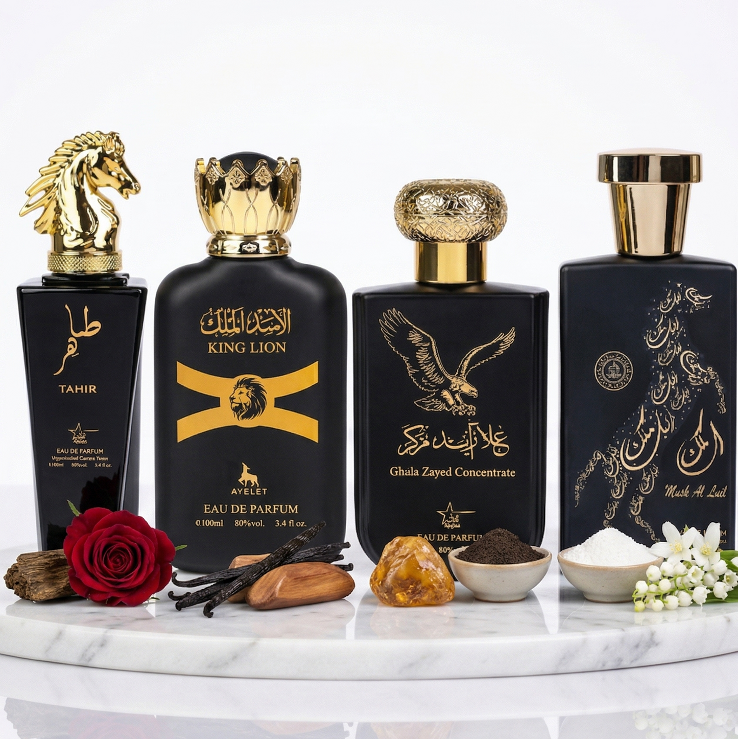 Комплект от 4 арабски мъжки парфюма 100ML - Tahir + King Lion + Ghala Zayed + Malik Al Lail