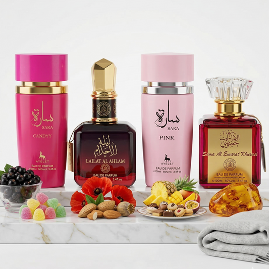 Комплект от 4 арабски дамски парфюма 100ML - Sara Candy + Lailat Al Ahlam + Sara Pink + Sama Al Emarat Khususi