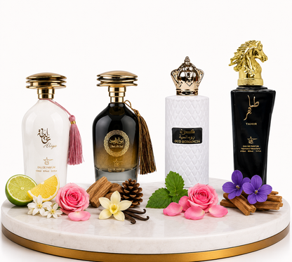 Комплект от 4 арабски парфюма (2х Мъжки + 2х Дамски) 100ML  -  Aliya + Ibda Al Oud + Oud Romancia + Tahir