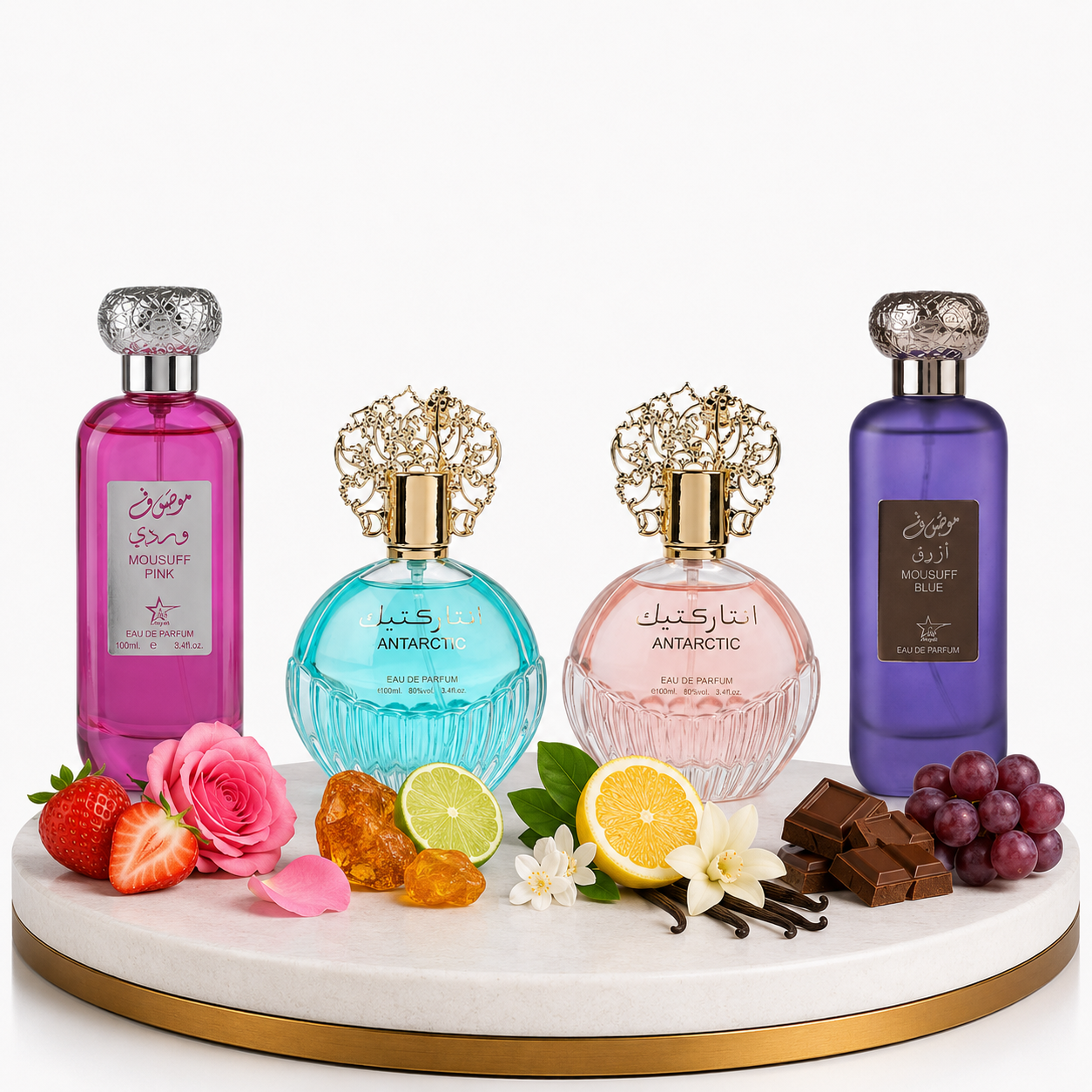 Комплект от 4 арабски парфюма (2х Мъжки + 2х Дамски) 100ML  -  Mousuff Pink + Antarctic Blue + Antarctic Pink +Mousuff Blue