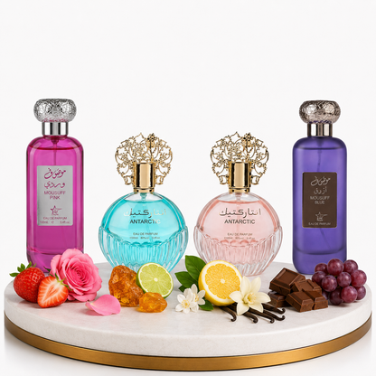 Комплект от 4 арабски парфюма (2х Мъжки + 2х Дамски) 100ML  -  Mousuff Pink + Antarctic Blue + Antarctic Pink +Mousuff Blue
