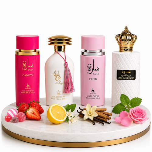 Комплект от 4 арабски дамски парфюма 100ML - Sara Candy + Aliya + Sara Pink + Oud Romancia