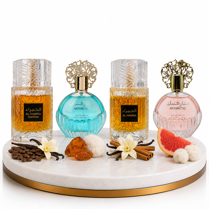 Комплект от 4 арабски парфюма (2х Мъжки + 2х Дамски) 100ML  -  Al Hamra Qahwa + Antarctic Blue+  Al Hamra Royal + Antarctic Pink