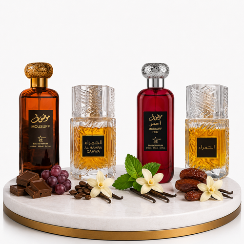Комплект от 4 арабски парфюма (2х Мъжки + 2х Дамски) 100ML  -  Mousuff Brown + Al Hamra Qahwa + Al Hamra Royal + Mousuff Red