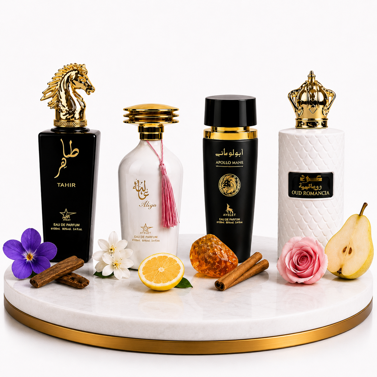 Комплект от 4 арабски парфюма (2х Мъжки + 2х Дамски) 100ML  - Tahir + Aliya + Apollo Mane Black + Oud Romancia