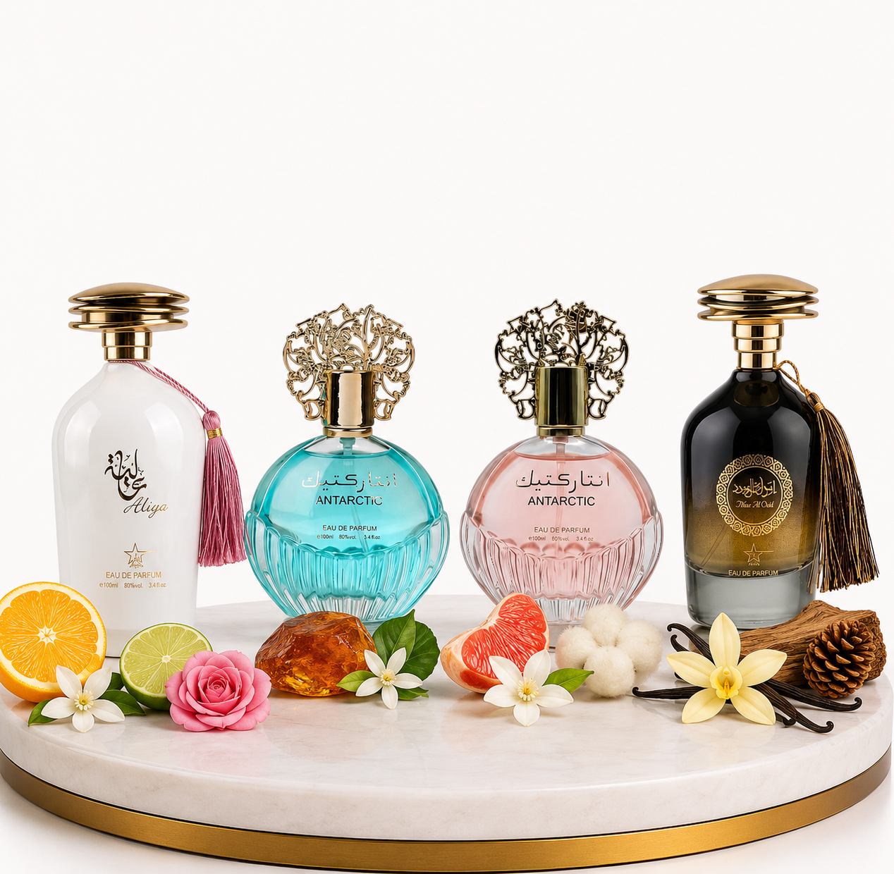 Комплект от 4 арабски парфюма (2х Мъжки + 2х Дамски) 100ML  -  Aliya + Antarctic  Blue + Antarctic Pink + Ibda Al Oud