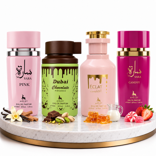Комплект от 4 арабски дамски парфюма 100ML - Sara Candy + Eclat + Sara Pink + Dubai Chocolate