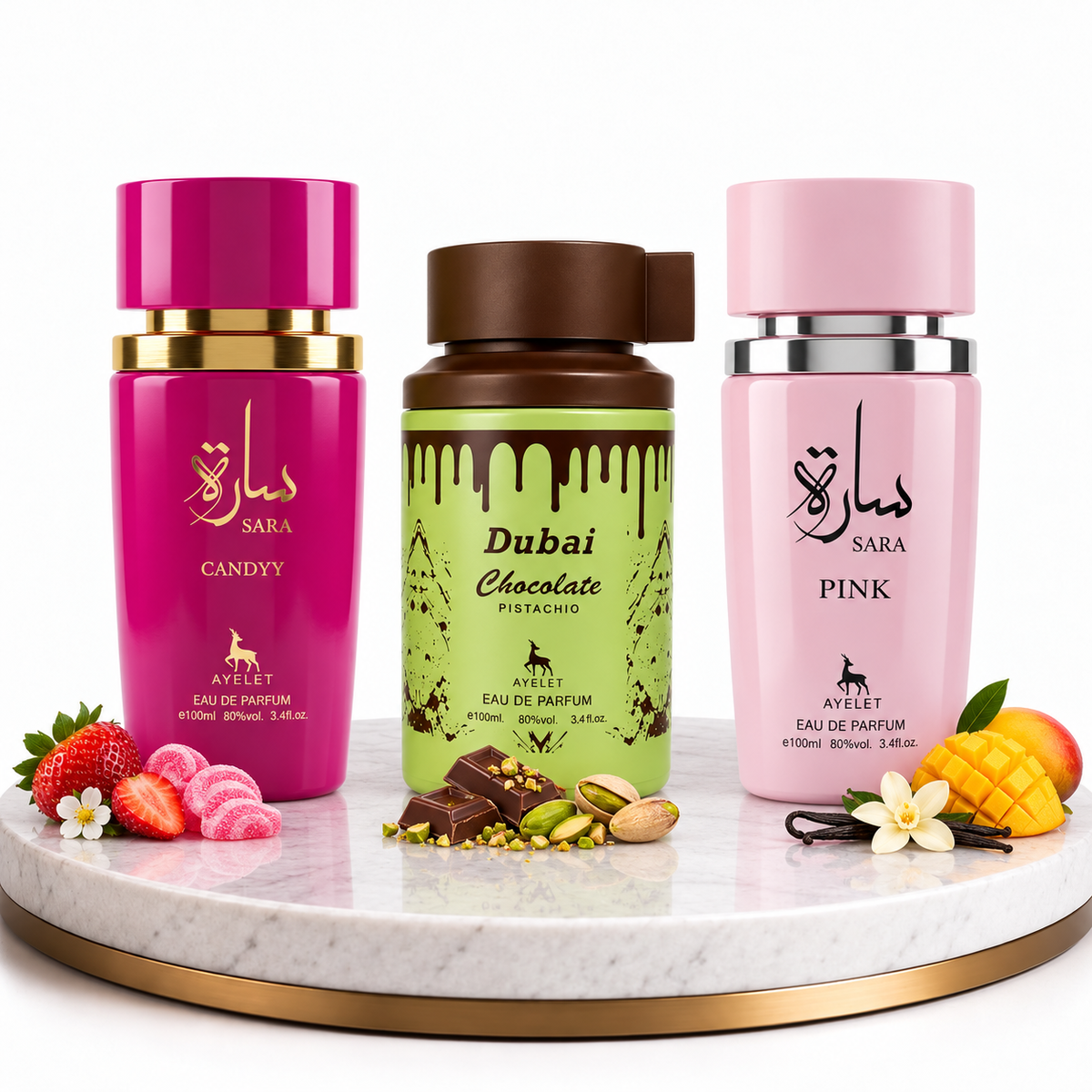 Комплект от 3 дамски ориенталски парфюма - Sara Pink + Dubai Chocolate + Sara Candy
