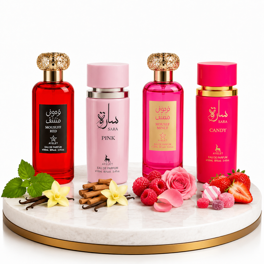 Комплект от 4 арабски дамски парфюма 100ML - Mousuff Red + Sara Pink + Mousuff Pink+ Sara Candy