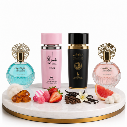 Комплект от 4 арабски парфюма (2х Мъжки + 2х Дамски) 100ML  - Antarctic Blue + Sara Pink + Apollo Mane Black + Antarctic Pink