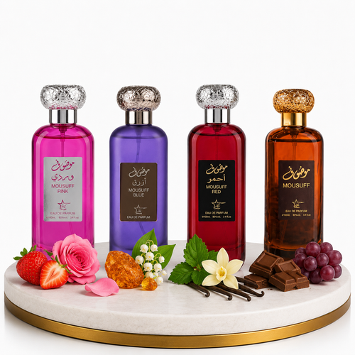 Комплект от 4 арабски парфюма (2х Мъжки + 2х Дамски) 100ML  -  Mousuff Pink + Mousuff Blue + Mousuff Red + Mousuff Brown