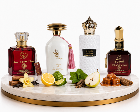 Комплект от 4 арабски дамски парфюма 100ML - Sama Al Emarat Khususi + Aliya + Oud Romancia + Lailat Al Ahlam