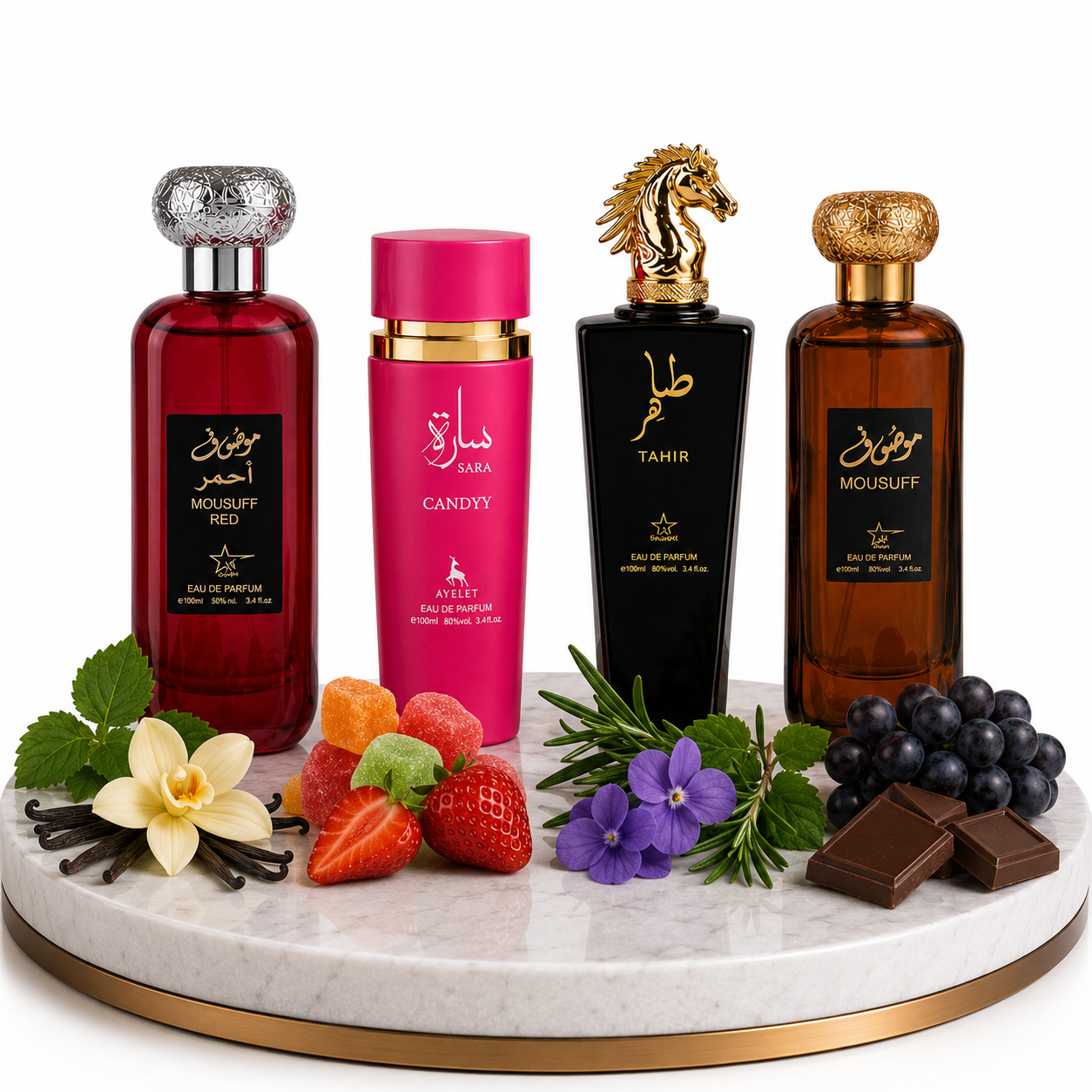Комплект от 4 арабски парфюма (2х Мъжки + 2х Дамски) 100ML  - Mousuff Red + Sara Candy + Tahir  + Mousuff Brown