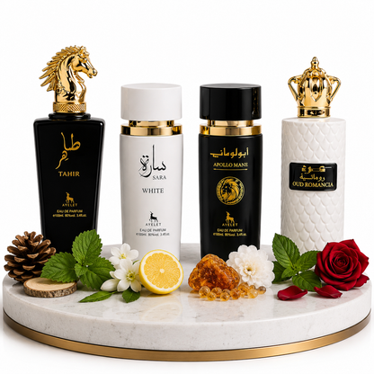 Комплект от 4 арабски парфюма (2х Мъжки + 2х Дамски) 100ML  - Tahir + Sara White + Apollo Black + Oud Romancia