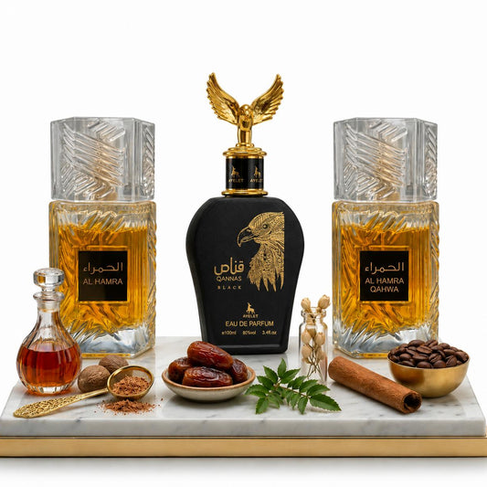 Комплект от 3 мъжки ориенталски парфюма 100ML - Al Hamra Royal  + Qannas Black + Al Hamra Qahwa