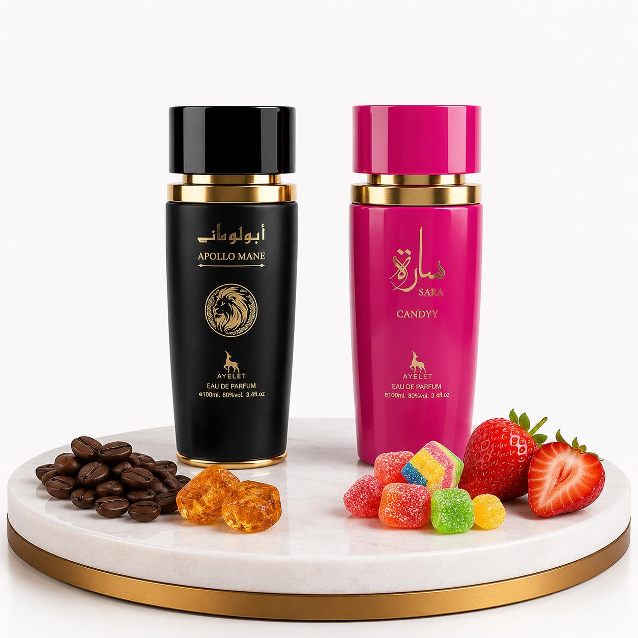 Комплект от 2 ориенталски парфюма (1х Мъжки + 1х Дамски) – 100 ml - Apollo Black + Sara Candy