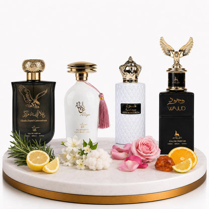 Комплект от 4 арабски парфюма (2х Мъжки + 2х Дамски) 100ML  -  Ghala Zayed + Aliya + Oud Romancia + Wajud