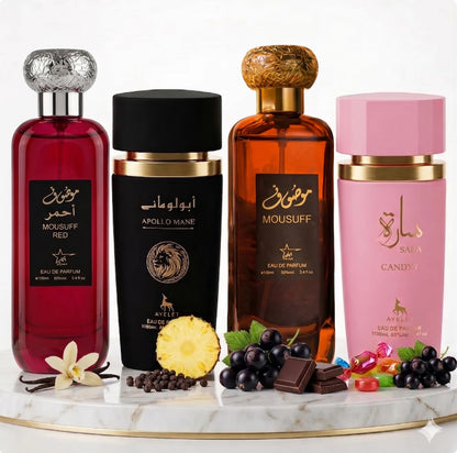 Комплект от 4 арабски парфюма (2х Мъжки + 2х Дамски) 100ML  - Mousuff Red + Sara Candy + Apollo Mane Black + Mousuff Brown