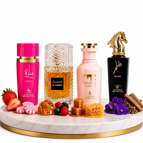 Комплект от 4 арабски парфюма (2х Мъжки + 2х Дамски) 100ML  -  Sara Candy + Al Hamra Royal + Eclat + Tahir