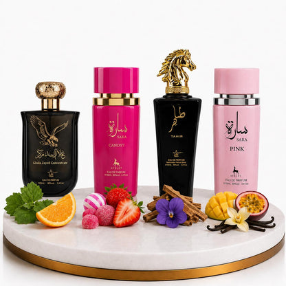 Комплект от 4 арабски парфюма (2х Мъжки + 2х Дамски) 100ML  -  Ghala Zayed + Sara Candy + Tahir + Sara Pink