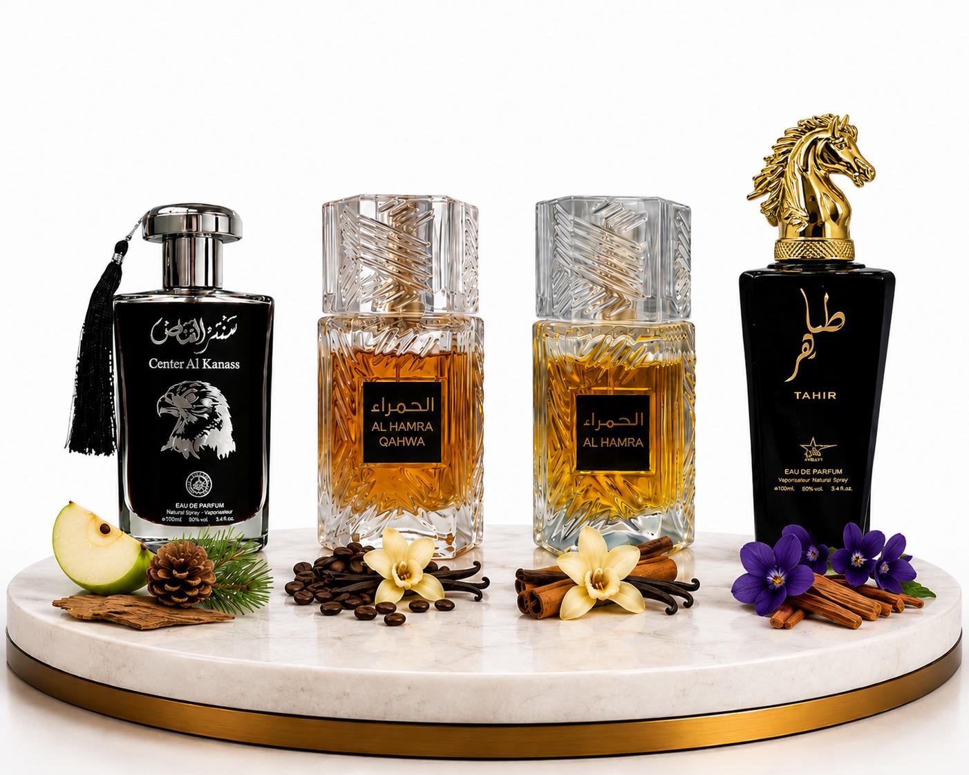Комплект от 4 арабски мъжки парфюма 100ML - Center Al Kanass Silver + Al Hamra Qahwa + Al Hamra Royal + Tahir