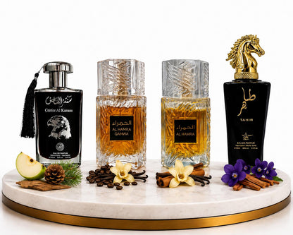Комплект от 4 арабски мъжки парфюма 100ML - Center Al Kanass Silver + Al Hamra Qahwa + Al Hamra Royal + Tahir