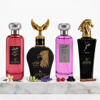 Комплект от 4 арабски парфюма (2х Мъжки + 2х Дамски) 100ML  -   Mousuff Red + Qannas Black + Mousuff Pink + Tahir