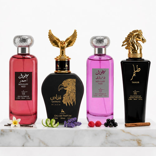 Комплект от 4 арабски парфюма (2х Мъжки + 2х Дамски) 100ML  -   Mousuff Red + Qannas Black + Mousuff Pink + Tahir
