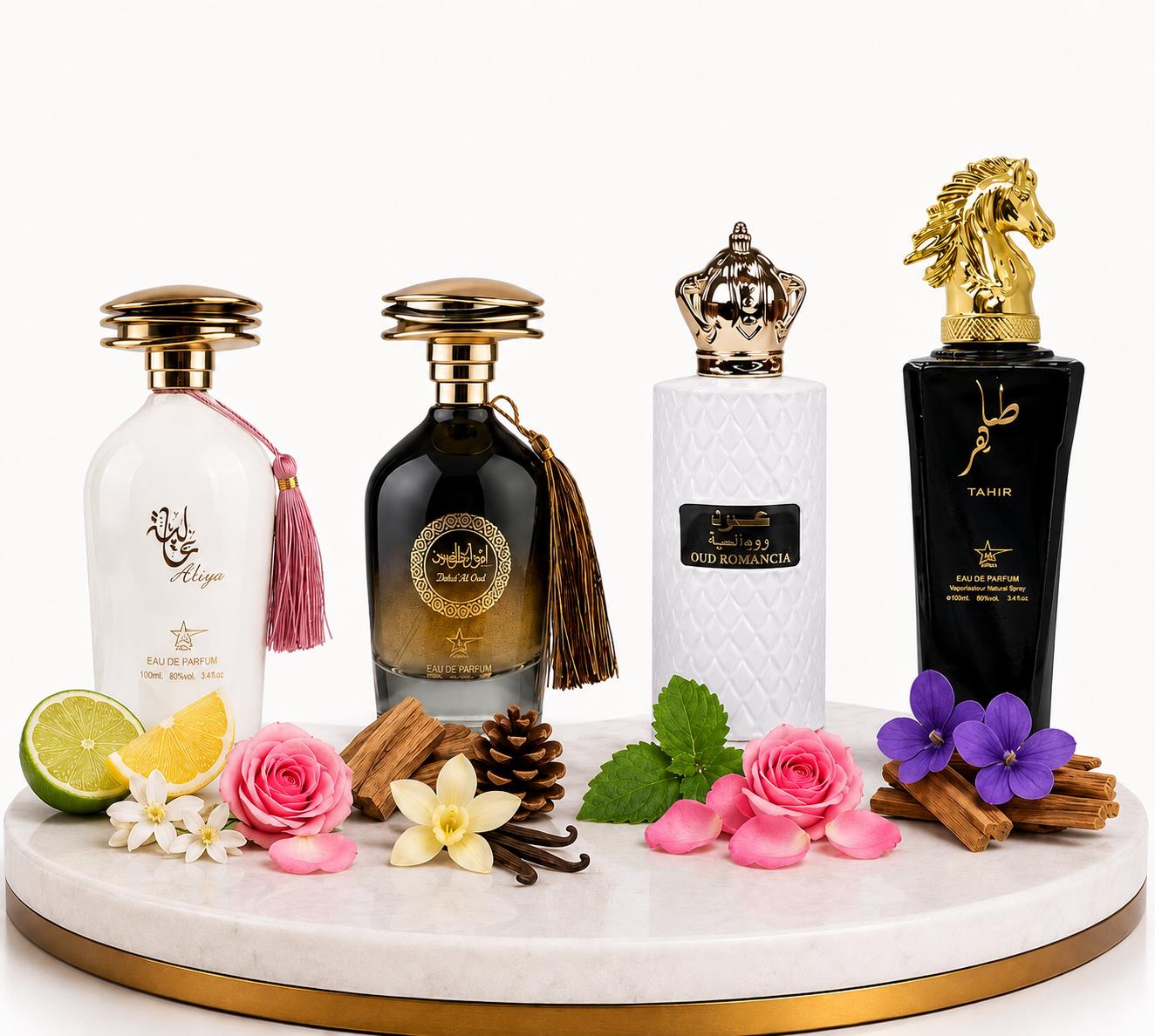 Комплект от 4 арабски парфюма (2х Мъжки + 2х Дамски) 100ML  -  Aliya + Ibda Al Oud + Oud Romancia + Tahir