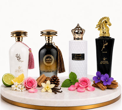 Комплект от 4 арабски парфюма (2х Мъжки + 2х Дамски) 100ML  -  Aliya + Ibda Al Oud + Oud Romancia + Tahir
