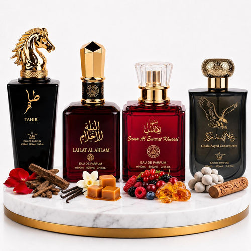 Комплект от 4 арабски парфюма (2х Мъжки + 2х Дамски) 100ML - Tahir + Lailat Al Ahlam + Sama Al Emarat Khususi + Ghala Zayed