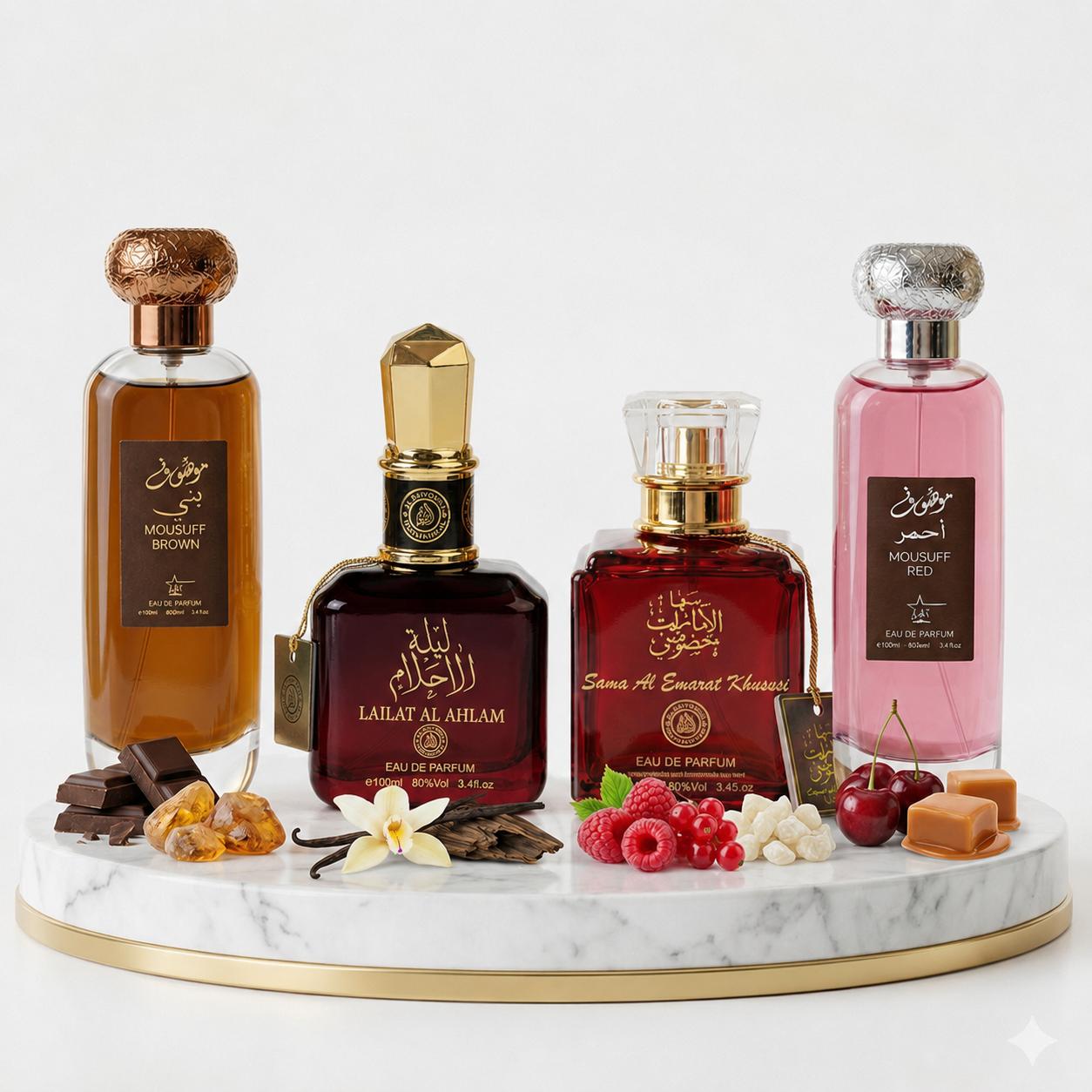 Комплект от 4 арабски парфюма (2х Мъжки + 2х Дамски) 100ML - Mousuff Brown + Lailat Al Ahlam + Sama Al Emarat Khususi + Mousuff Red