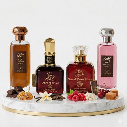 Комплект от 4 арабски парфюма (2х Мъжки + 2х Дамски) 100ML - Mousuff Brown + Lailat Al Ahlam + Sama Al Emarat Khususi + Mousuff Red
