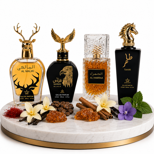 Комплект от 4 арабски мъжки парфюма 100ML - Tahir + Qannas Black + Al Hamra Royal + Maliki
