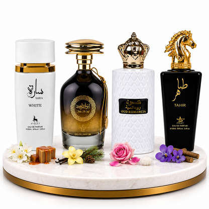 Комплект от 4 арабски парфюма (2х Мъжки + 2х Дамски) 100ML  -  Sara White + Ibda Al Oud + Oud Romancia + Tahir
