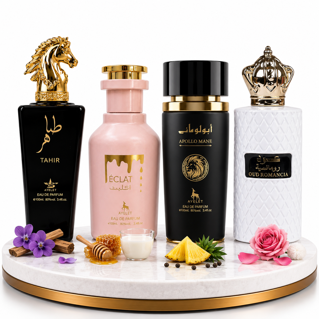 Комплект от 4 арабски парфюма (2х Мъжки + 2х Дамски) 100ML  - Tahir + Eclat + Apollo Mane Black + Oud Romancia