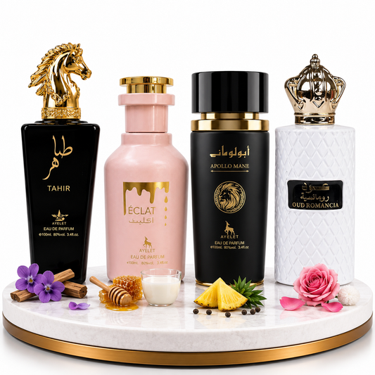 Комплект от 4 арабски парфюма (2х Мъжки + 2х Дамски) 100ML  - Tahir + Eclat + Apollo Mane Black + Oud Romancia