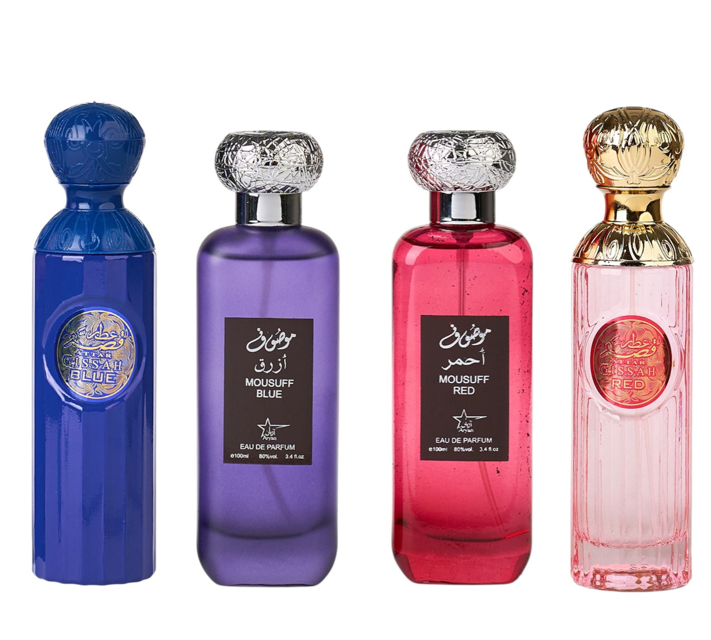 Комплект от 4 ориенталски парфюма (2 дамски + 2 мъжки) - Attar Gissah Blue + Mousuff Blue + Mousuff Red + Attar Gissah Red