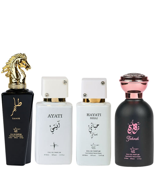Комплект от 4 ориенталски парфюма (2 дамски + 2 мъжки) - Tahir + Ayati White + Hayati Nisai + Zahrah 