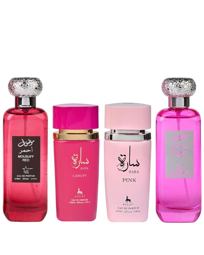 Комплект от 4 дамски ориенталски парфюма - Mousuff Red + Sara Candy + Sara Pink + Mousuff Pink 